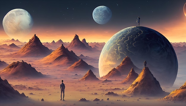Un uomo si trova su un pianeta con un pianeta sullo sfondo