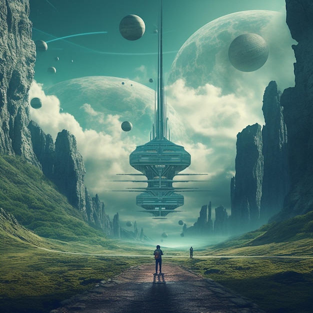 Un uomo si trova su un sentiero davanti a un grande edificio con un pianeta sullo sfondo.
