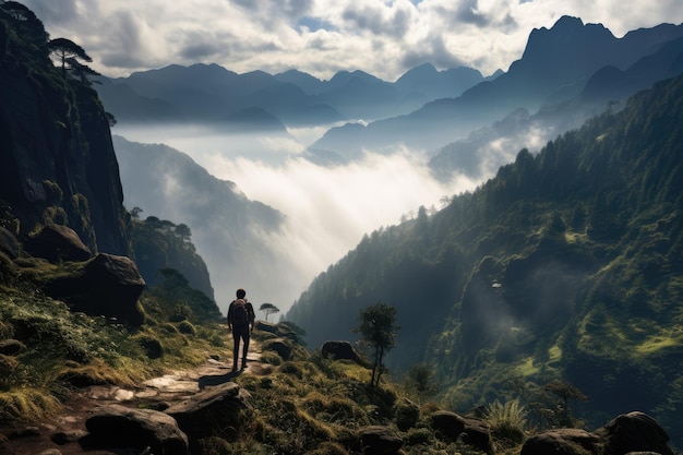 Un uomo si trova su un sentiero di montagna nelle montagne.