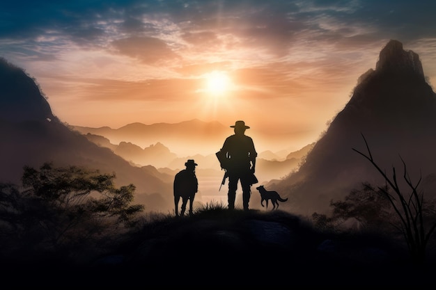 Un uomo si trova su una collina di fronte a un tramonto con due cani.