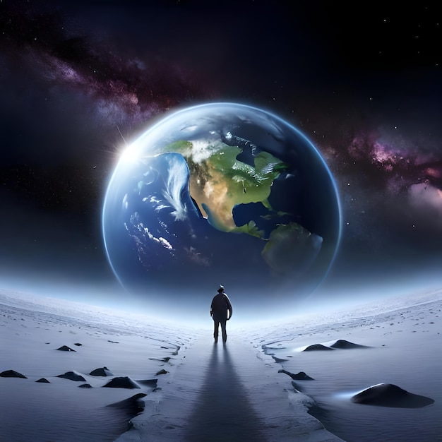 Un uomo si trova su una luna con la terra sullo sfondo.