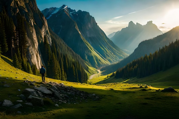 un uomo si trova su una montagna con un paesaggio di montagna sullo sfondo.