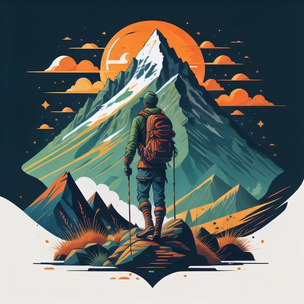 Un uomo si trova su una montagna con una montagna sullo sfondo.