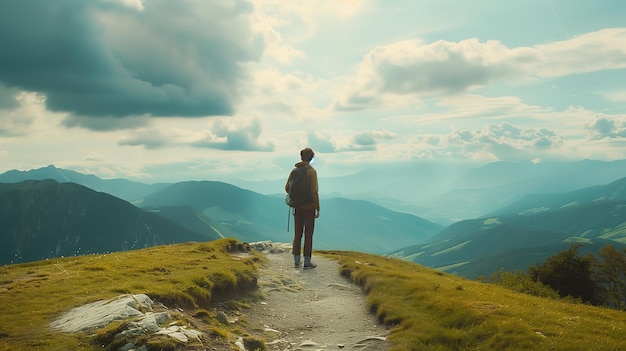 un uomo si trova su una montagna con uno zaino sulla schiena a guardare le montagne