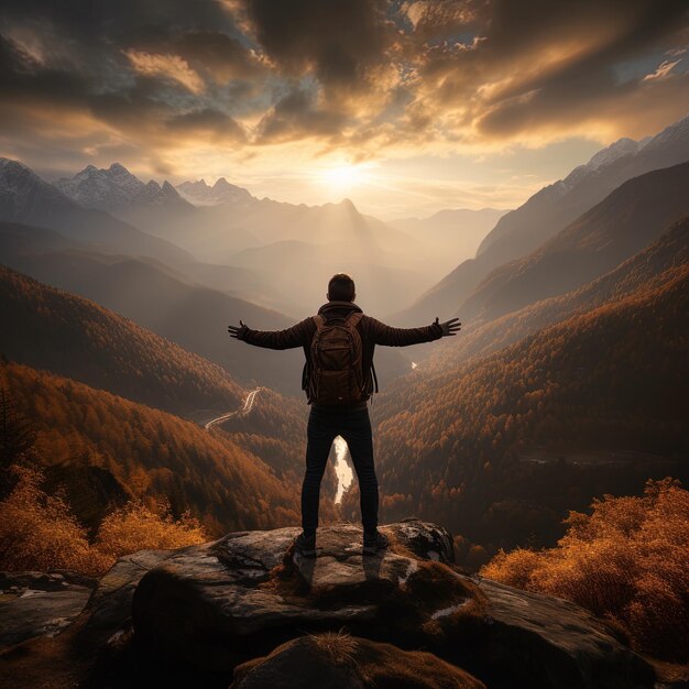un uomo si trova su una roccia con le braccia allungate di fronte a una montagna con il sole che splende dietro di lui