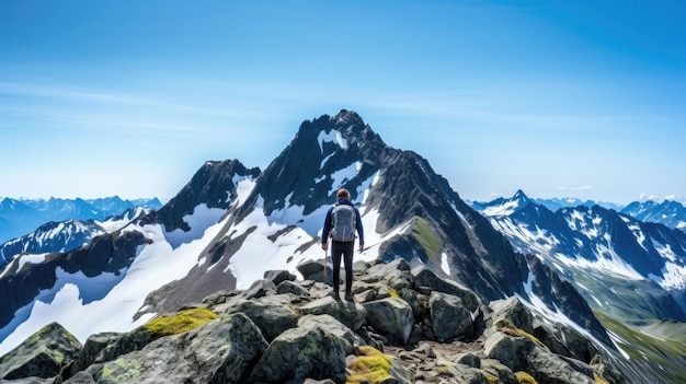 Un uomo si trova su una roccia di fronte a una montagna con una montagna sullo sfondo.