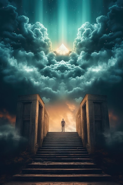 Un uomo si trova su una scalinata con il sole che splende attraverso le nuvole.