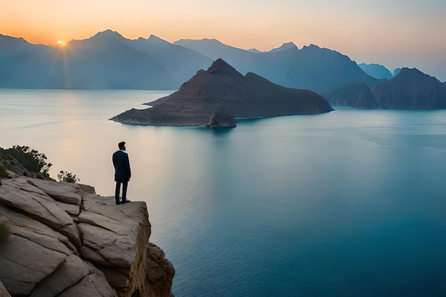 Un uomo si trova su una scogliera che domina un lago e montagne.