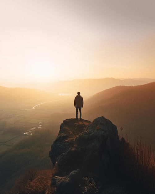 Un uomo si trova su una scogliera che domina una valle al tramonto.