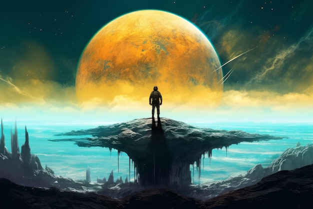 Un uomo si trova su una scogliera con un pianeta sullo sfondo.