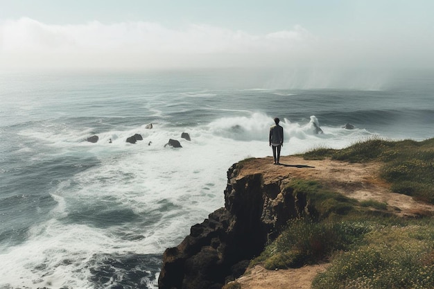 Un uomo si trova su una scogliera con vista sull'oceano.