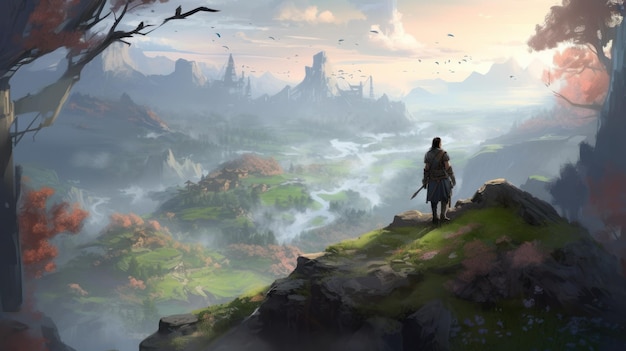 Un uomo si trova su una scogliera e guarda una montagna con un grande castello sullo sfondo.