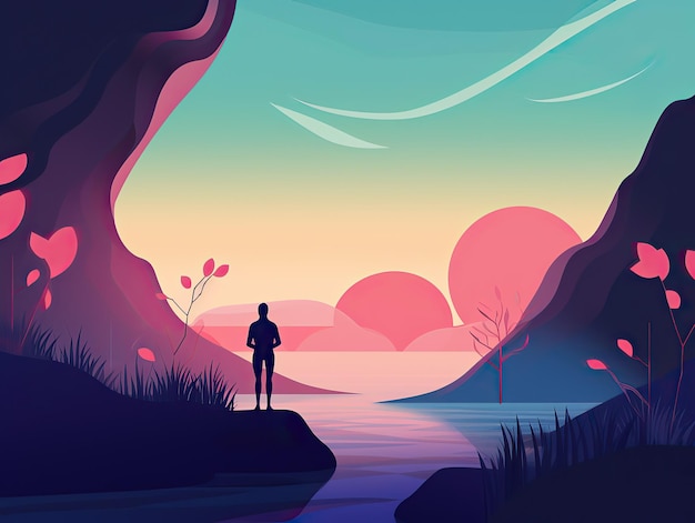 Un uomo si trova su una scogliera guardando un tramonto all'aperto esplora l'illustrazione di viaggio