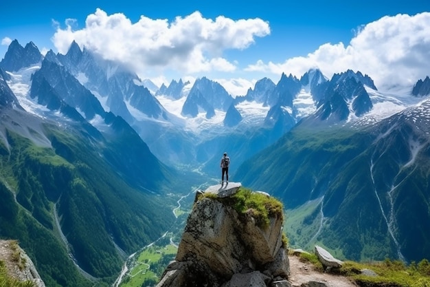 Un uomo si trova su una scogliera tra le montagne