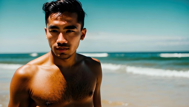 Un uomo si trova su una spiaggia di fronte a un cielo blu.