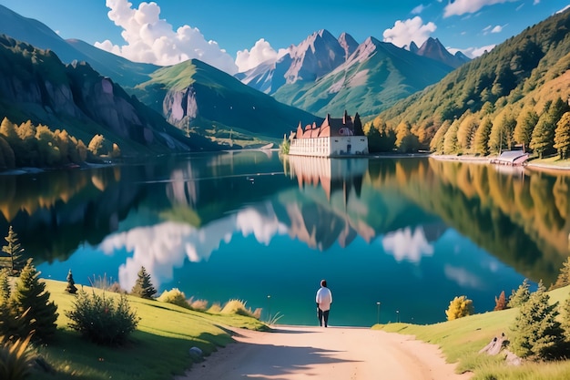 Un uomo si trova su una strada sterrata di fronte a un lago con montagne sullo sfondo.