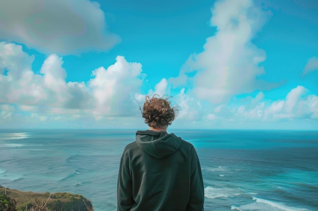 Un uomo si trova sul bordo di una scogliera guardando la vastità infinita dell'oceano sotto l'orizzonte espansivo e insondabile