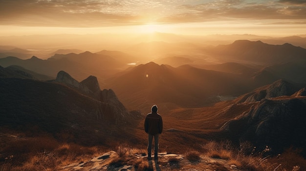 Un uomo si trova sulla cima di una montagna a guardare il sole