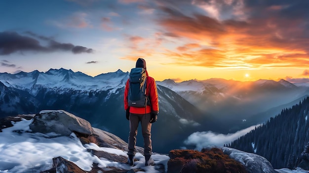 Un uomo si trova sulla cima di una montagna a guardare il tramonto