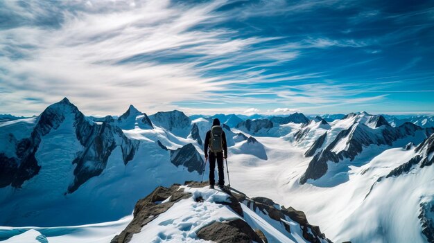 Un uomo si trova sulla cima di una montagna a guardare le montagne.