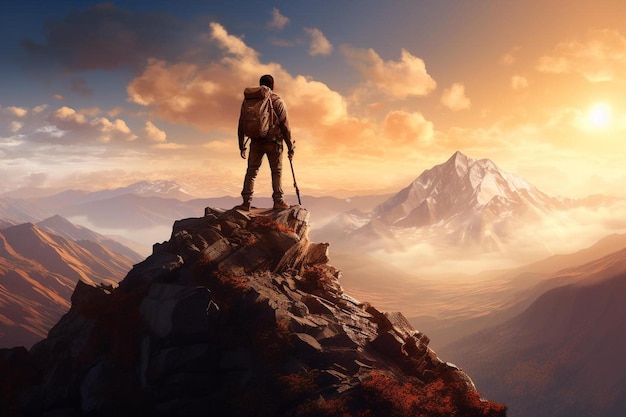 Un uomo si trova sulla cima di una montagna con le montagne sullo sfondo.