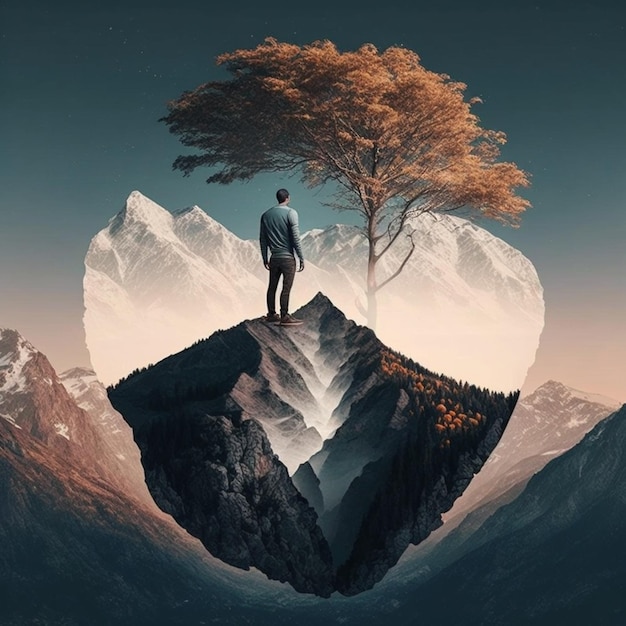 Un uomo si trova sulla cima di una montagna con un albero nel mezzo.