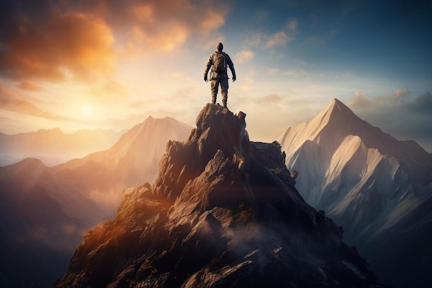Un uomo si trova sulla cima di una montagna e guarda il tramonto.