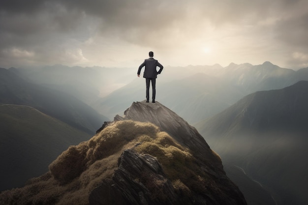 Un uomo si trova sulla cima di una montagna e guarda il tramonto.