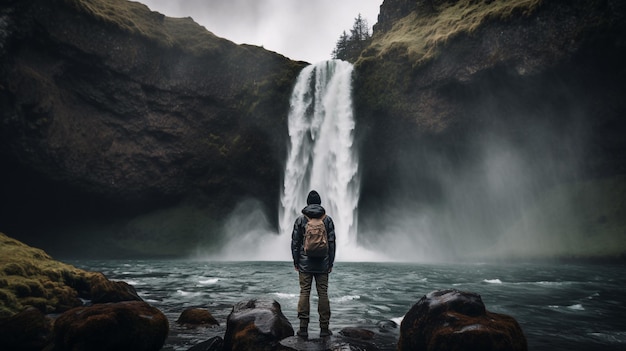 Un uomo si trova sulle rocce davanti a una cascata.