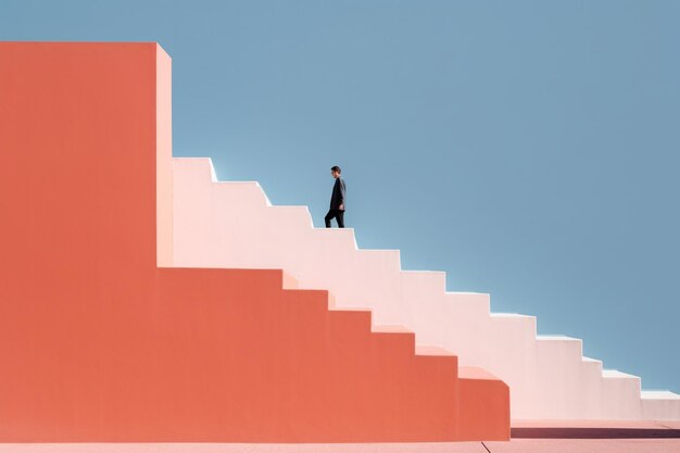 un uomo si trova sulle scale di un edificio con un uomo in piedi in cima ad esso.