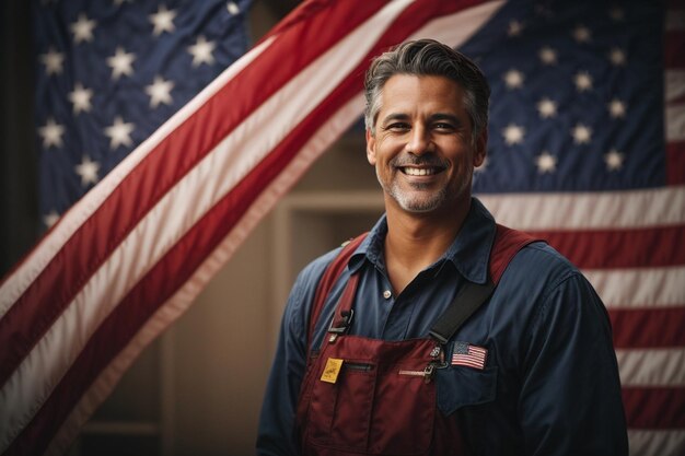 Un uomo sicuro di sé si trova di fronte a una bandiera americana ondulata un sorriso di soddisfazione sul loro viso