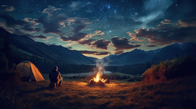 un uomo siede a un falò di fronte a una montagna con un cielo stellato e stelle.