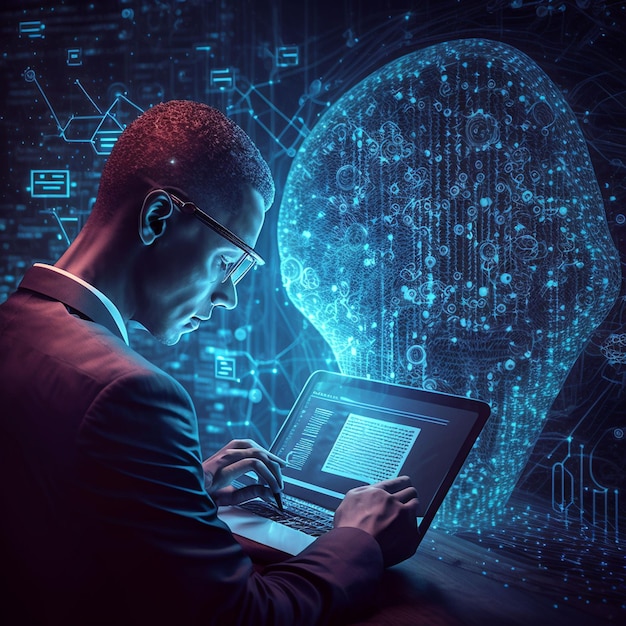 Un uomo siede a un tavolo con un laptop davanti a un cervello con uno sfondo blu.