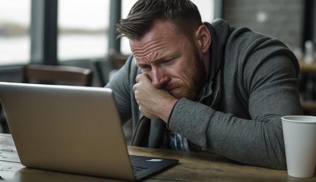 Un uomo siede a un tavolo con un laptop in grembo.