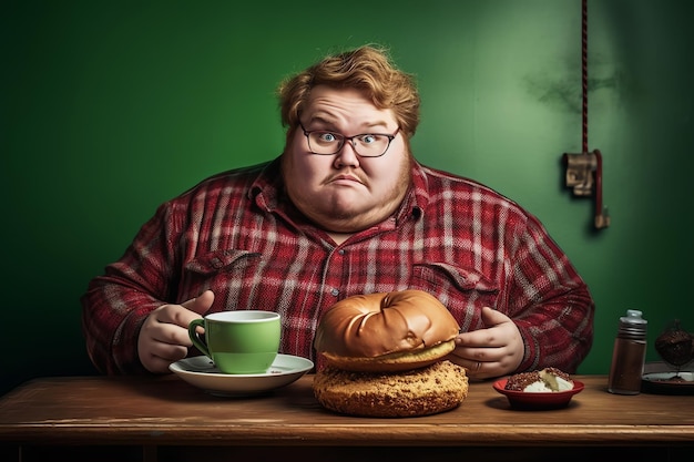 Un uomo siede a un tavolo con un piatto di cibo e una tazza di caffè.