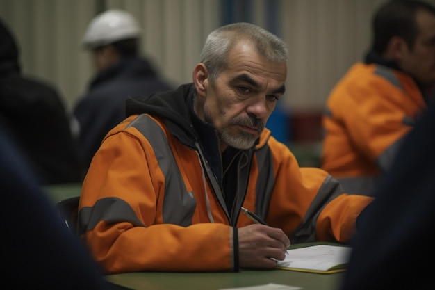 Un uomo siede a un tavolo in una stanza con un pezzo di carta e un uomo che indossa una giacca arancione.