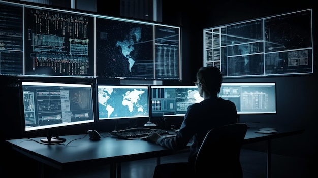 Un uomo siede a una scrivania davanti a più schermi di computer con le parole sicurezza globale sullo schermo AI
