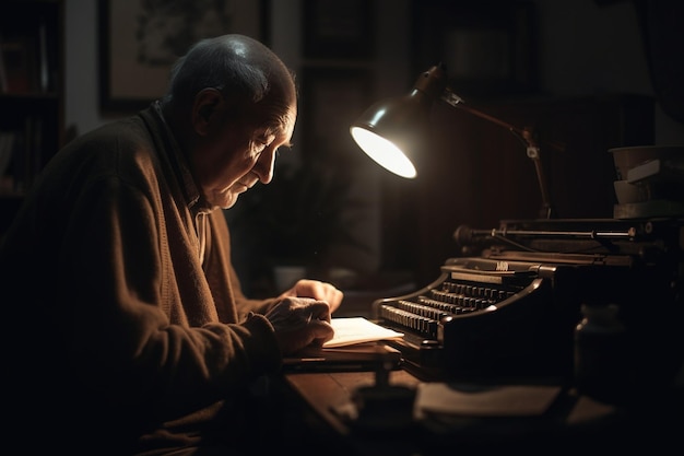 Un uomo siede a una scrivania davanti a una macchina da scrivere con una lampada che recita "lo scrittore"