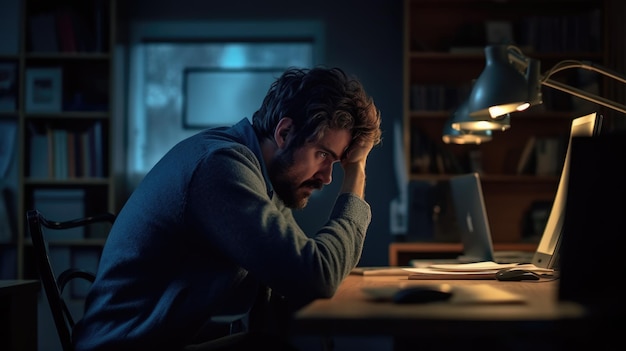 Un uomo siede a una scrivania in una stanza buia, guardando una lampada che dice "la parola" su di essa "