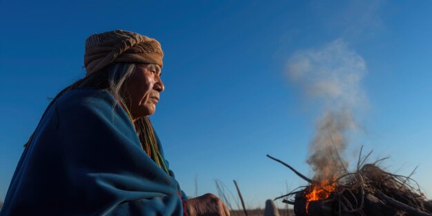 Un uomo siede accanto a un fuoco con un cielo blu sullo sfondo.