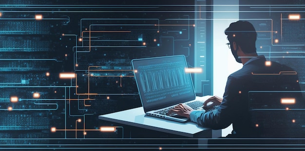 Un uomo siede alla scrivania davanti allo schermo di un computer che dice "sicurezza dei dati"