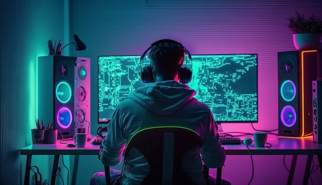 Un uomo siede davanti a un computer con uno schermo illuminato al neon che dice "game boy"