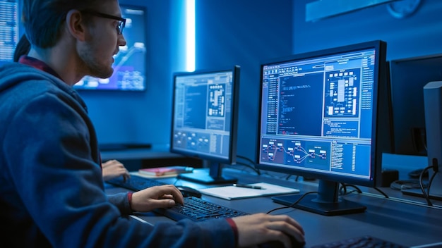 Un uomo siede davanti a un computer davanti a uno schermo su cui è scritto un codice.