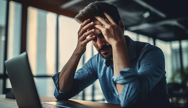 Un uomo siede davanti a un laptop con la testa tra le mani.