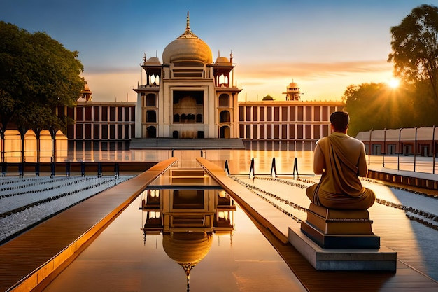 Un uomo siede davanti a una moschea al taj mahal.