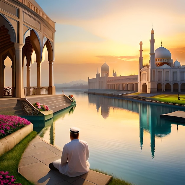Un uomo siede davanti a una moschea in un bel tramonto.