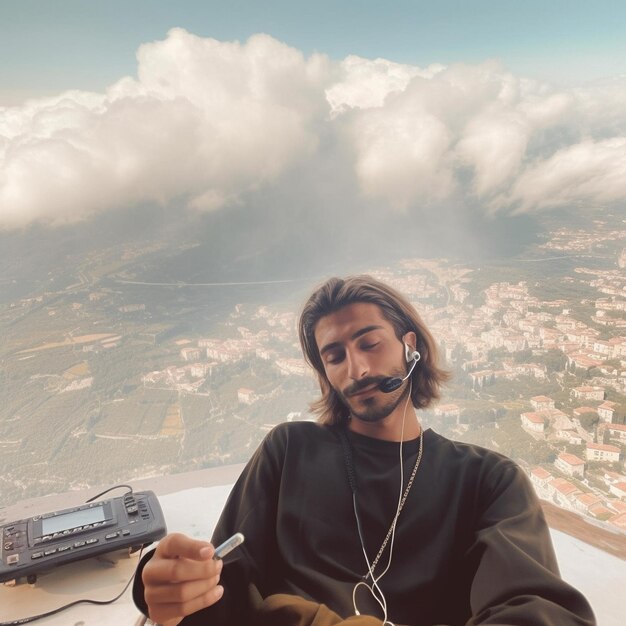 un uomo siede davanti a una telecamera con una radio accesa