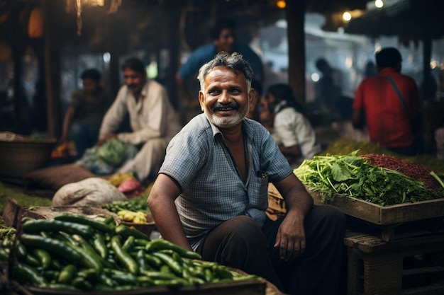 Un uomo siede in un mercato che vende verdure.