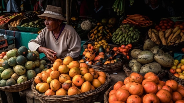 Un uomo siede in un mercato della frutta in ecuador