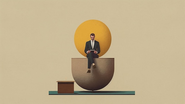Un uomo siede in un uovo con un cerchio giallo dietro di lui.